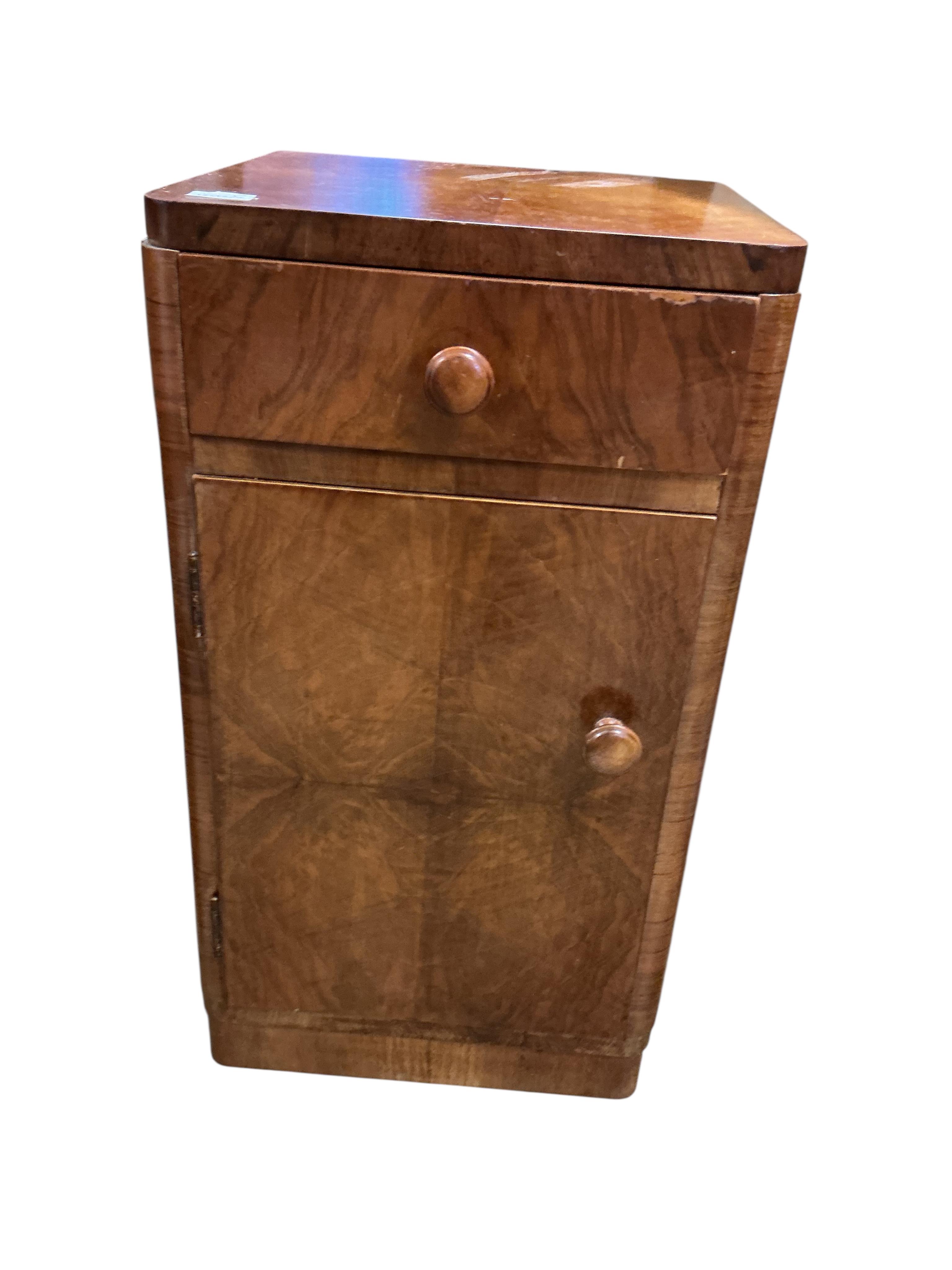 A pair of Art Deco walnut bedside cabinets width 33cm, depth 33cm, height 60cm